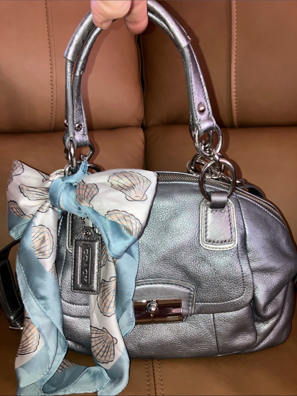 Coach Kristen Metallic Silver Leather Dome Satchel w/detachable strap and Scarf